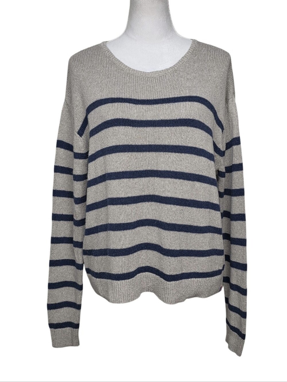 KULE Beige and Navy Striped Crewneck Sweater